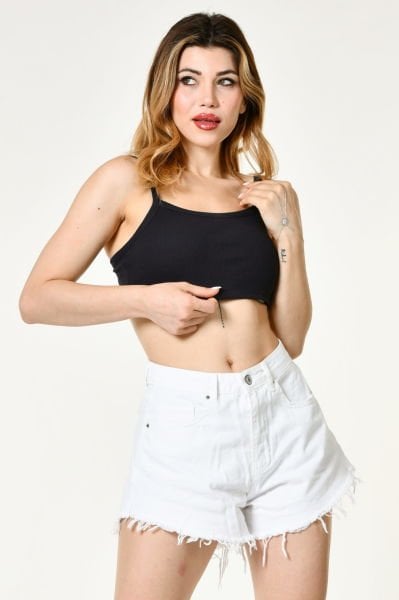 Noori Likralı Kaşkorse İnce Askılı Kadın Crop Top  - Siyah