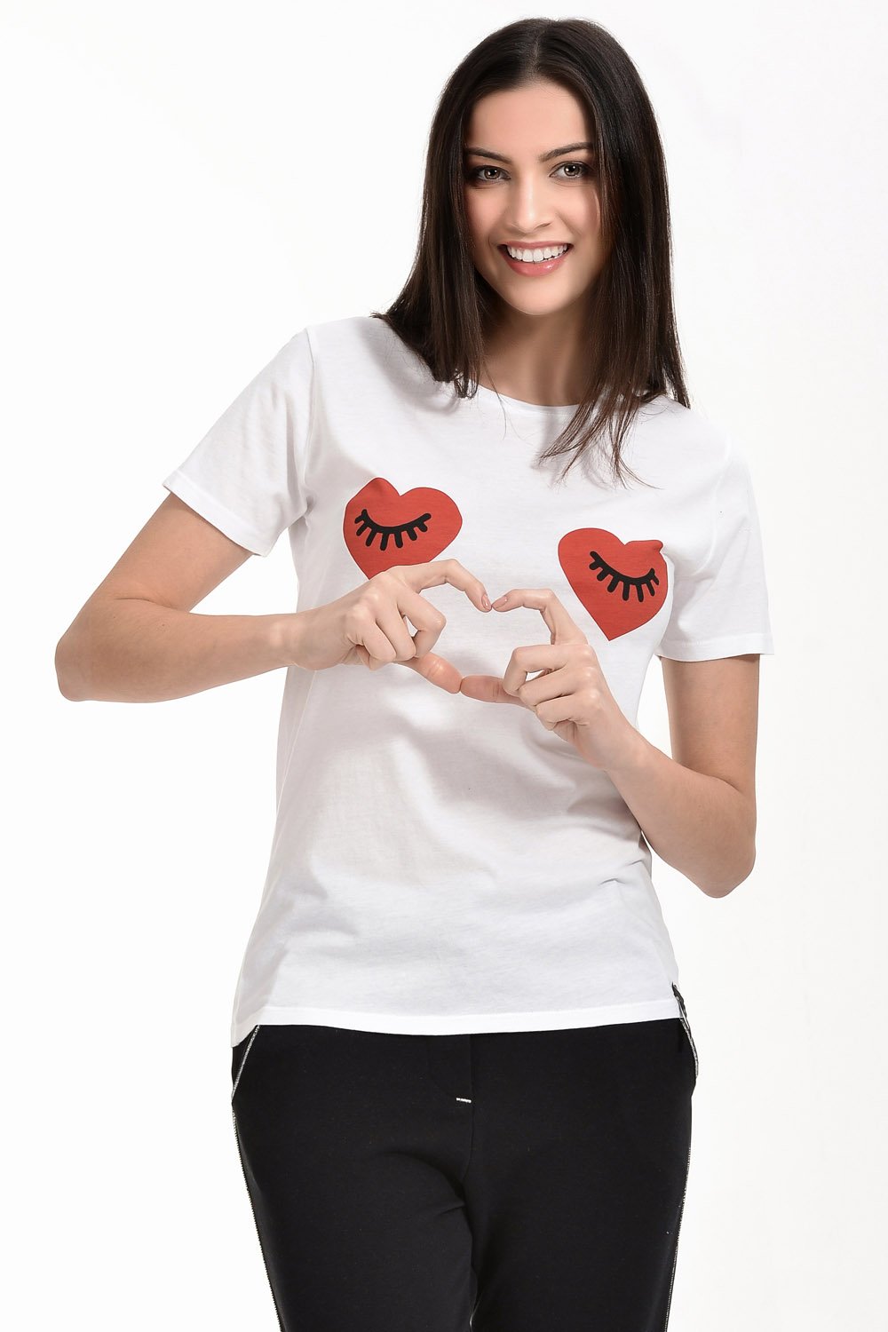 Cotton Candy Kalp-Kirpik Baskılı Kısa Kol Kadın T-Shirt - Beyaz