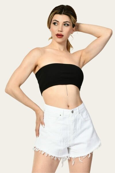 Noori Likralı Kaşkorse Straplez Kadın Crop Top  - Siyah