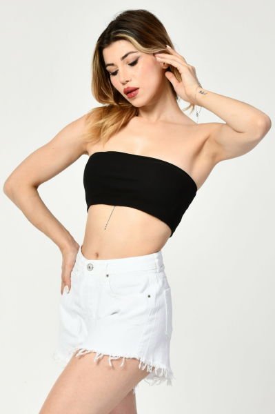 Noori Likralı Kaşkorse Straplez Kadın Crop Top  - Siyah