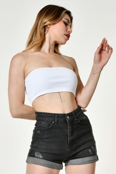 Noori Likralı Kaşkorse Straplez Kadın Crop Top  - Beyaz