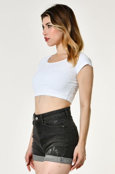 Noori Likralı Kaşkorse Yuvarlak Yaka Kadın Crop Top  - Beyaz