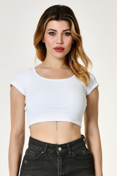 Noori Likralı Kaşkorse Yuvarlak Yaka Kadın Crop Top  - Beyaz