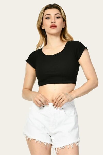 Noori Likralı Kaşkorse Yuvarlak Yaka Kadın Crop Top  - Siyah