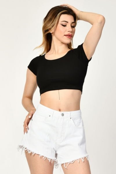 Noori Likralı Kaşkorse Yuvarlak Yaka Kadın Crop Top  - Siyah