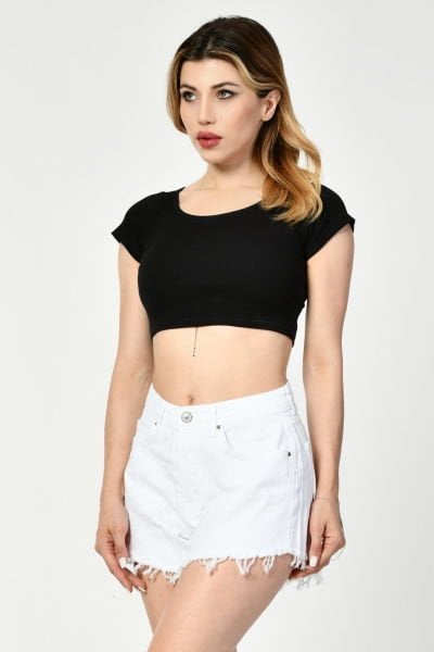 Noori Likralı Kaşkorse Yuvarlak Yaka Kadın Crop Top  - Siyah