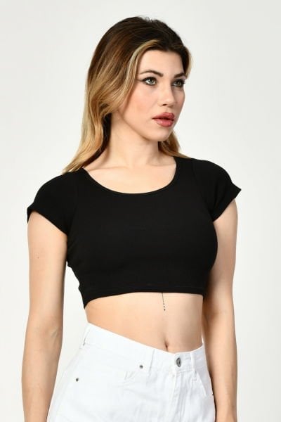 Noori Likralı Kaşkorse Yuvarlak Yaka Kadın Crop Top  - Siyah