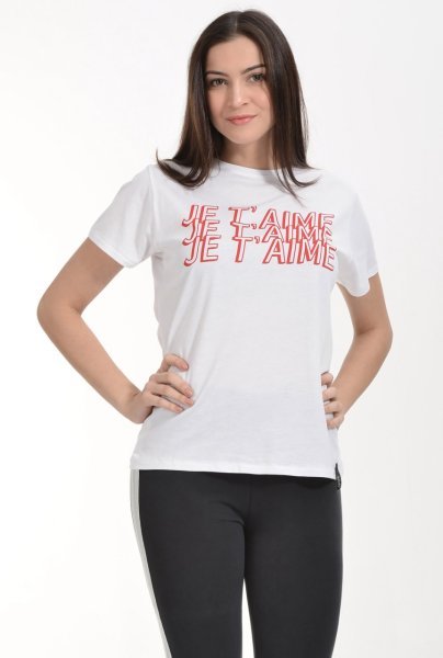 Cotton Candy Je T'aime Baskılı Kısa Kol Kadın T-Shirt - Beyaz