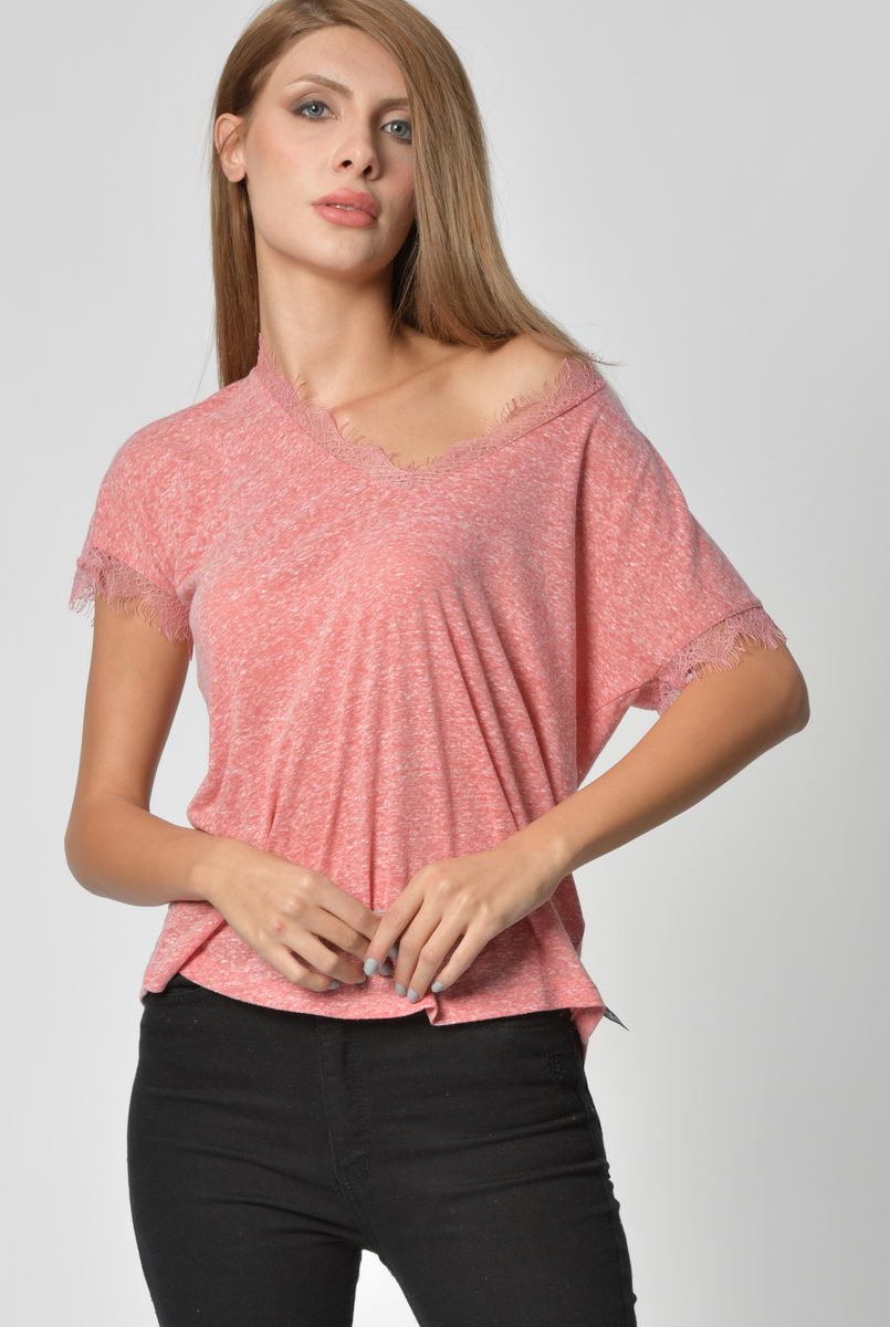 Cotton Candy Yaka ve Kol Dantel Detaylı Kadın T-Shirt - Nar Çiçeği