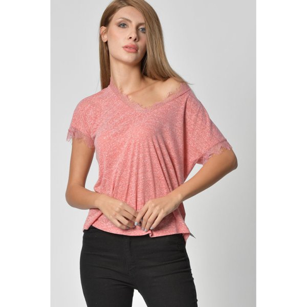 Cotton Candy Yaka ve Kol Dantel Detaylı Kadın T-Shirt - Nar Çiçeği