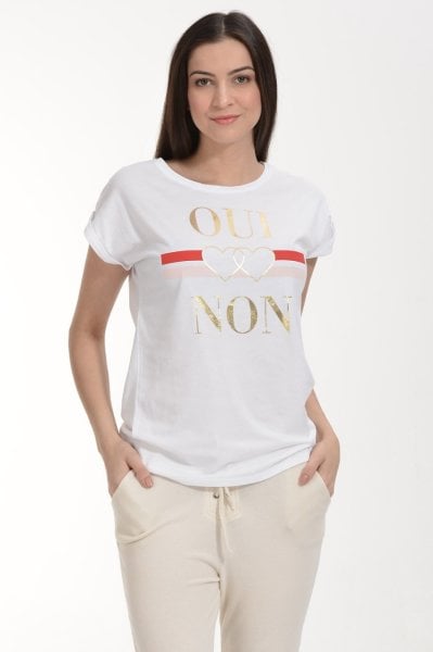 Cotton Candy Oui-Non Baskılı Kısa Kol Kadın T-Shirt - Beyaz