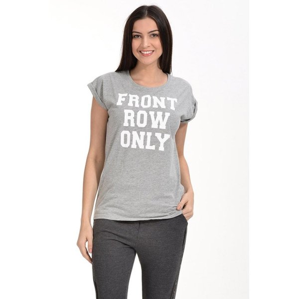 Cotton Candy Baskılı Kısa Kol Kadın T-Shirt - Gri Melanj