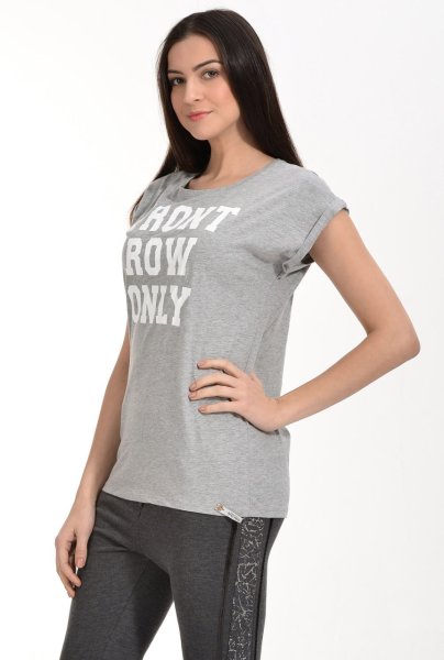 Cotton Candy Baskılı Kısa Kol Kadın T-Shirt - Gri Melanj