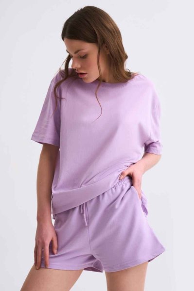 Organik Cepli Regular Fit Bağcıklı Kadın Şort - Lila Lila - S