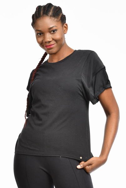 Cotton Candy Kol Uçları Saten Kısa Kol Kadın T-Shirt - Siyah