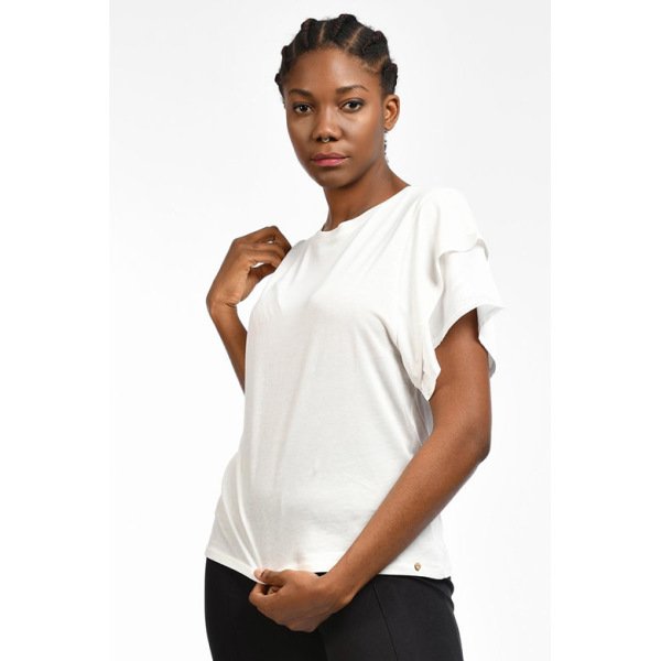 Cotton Candy Kol Uçları Saten Kısa Kol Kadın T-Shirt - Beyaz
