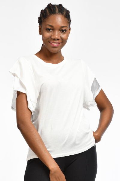 Cotton Candy Kol Uçları Saten Kısa Kol Kadın T-Shirt - Beyaz