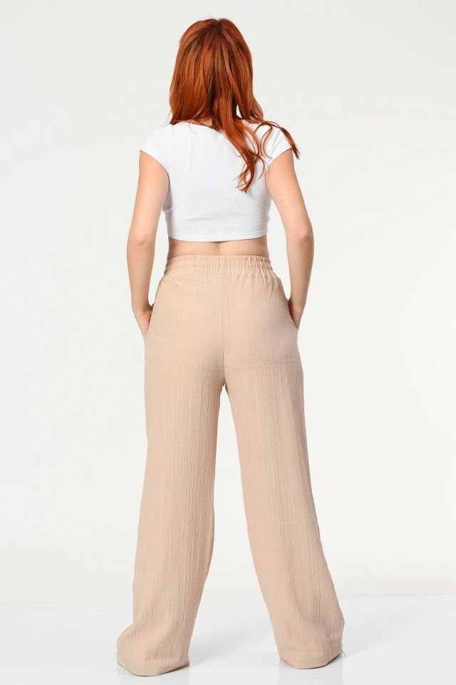 Quzu Beli Lastikli Keten Pantolon  - Bej
