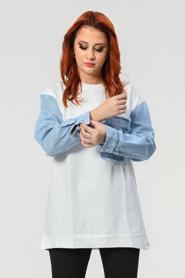 MD Trend Denim Detaylı Sweatshirt  - Beyaz