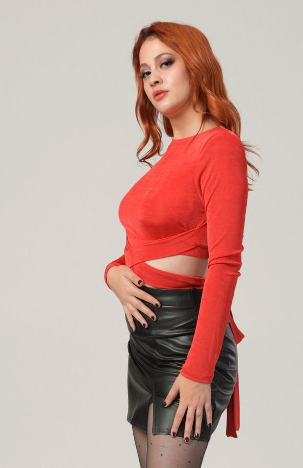 Lefon Jersey Crop Top  - Kırmızı