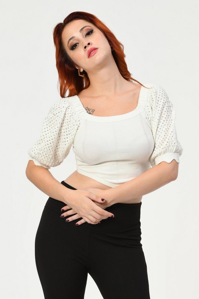 Lefon Kısa Kollu Triko Crop  - Krem
