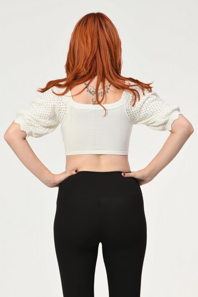 Lefon Kısa Kollu Triko Crop  - Krem