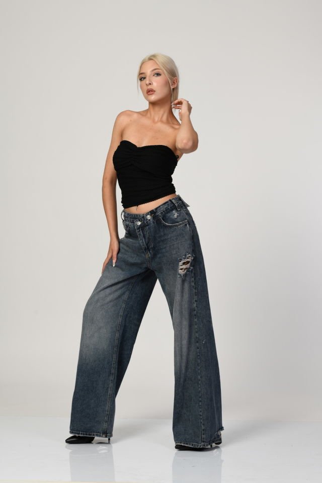 WhatsUp Yüksek Bel Çapraz Düğmeli Bol Paça Pantolon  - Denim