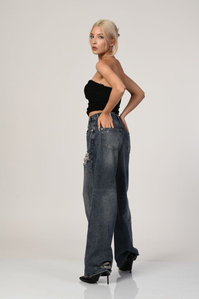 WhatsUp Yüksek Bel Çapraz Düğmeli Bol Paça Pantolon  - Denim
