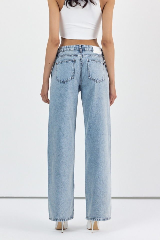 WhatsUp Yüksek Bel Simli Bol Paça Pantolon  - Denim