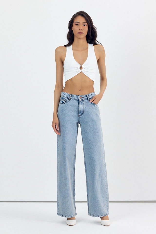 WhatsUp Yüksek Bel Simli Bol Paça Pantolon  - Denim