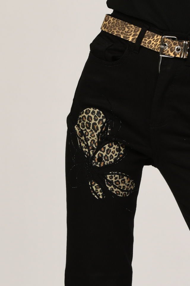 WhatsUp Yüksek Bel Büyük Beden Taş ve Leopar Desen Detaylı Mom Jean