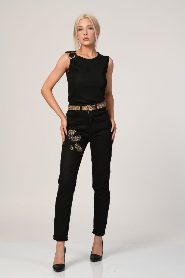 WhatsUp Yüksek Bel Büyük Beden Taş ve Leopar Desen Detaylı Mom Jean