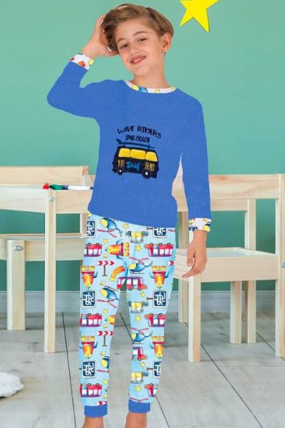 Araba Desenli Polar Erkek Çocuk Pijama Takımı - Mavi