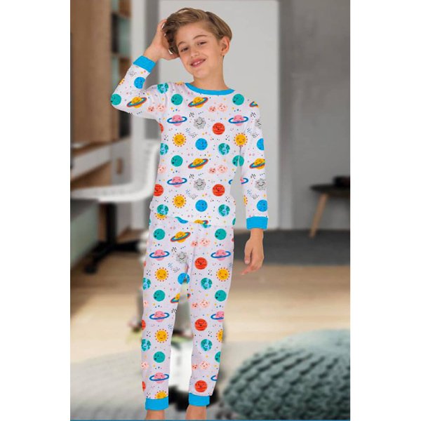 Gezegen Desenli Erkek Çocuk Pijama Takımı - Beyaz