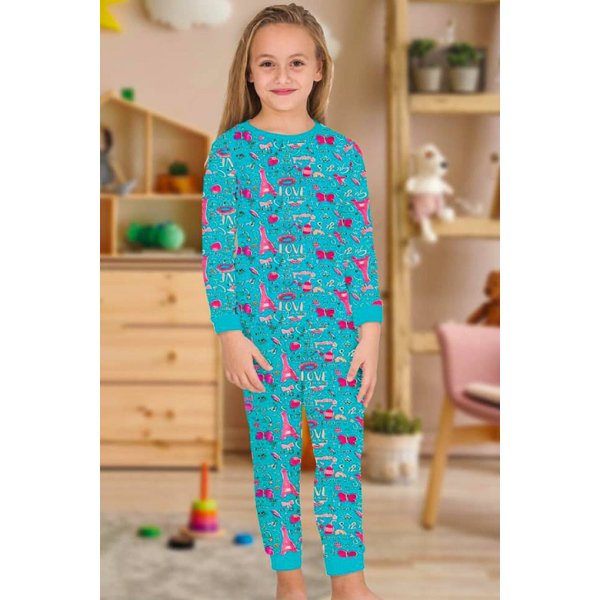 Desenli Kız Çocuk Pijama Takımı - Turkuaz