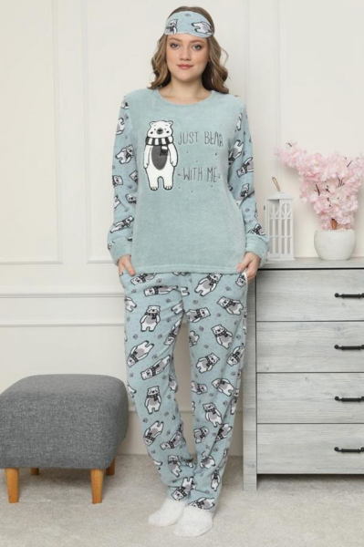 Ayı Baskılı Polar Kadın Pijama Takımı 1157 Mavi