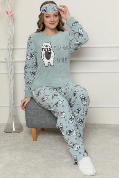 Ayı Baskılı Polar Kadın Pijama Takımı 1157 Mavi