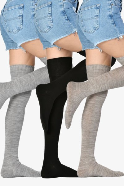 3'Lü Paket Kadın Yün Dizüstü Çorabı (Siyah-Gri-Bej)
