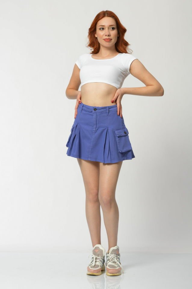 WhatsUp Kargo Cepli Denim Mini Etek  - Mor