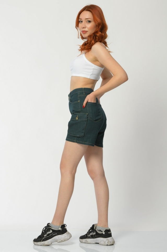 WhatsUp Kargo Cepli Denim Kadın Şort  - Yeşil