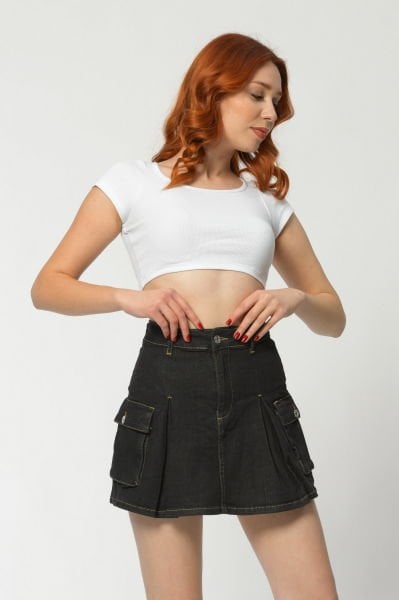 WhatsUp Kargo Cepli Denim Mini Etek  - Antrasit