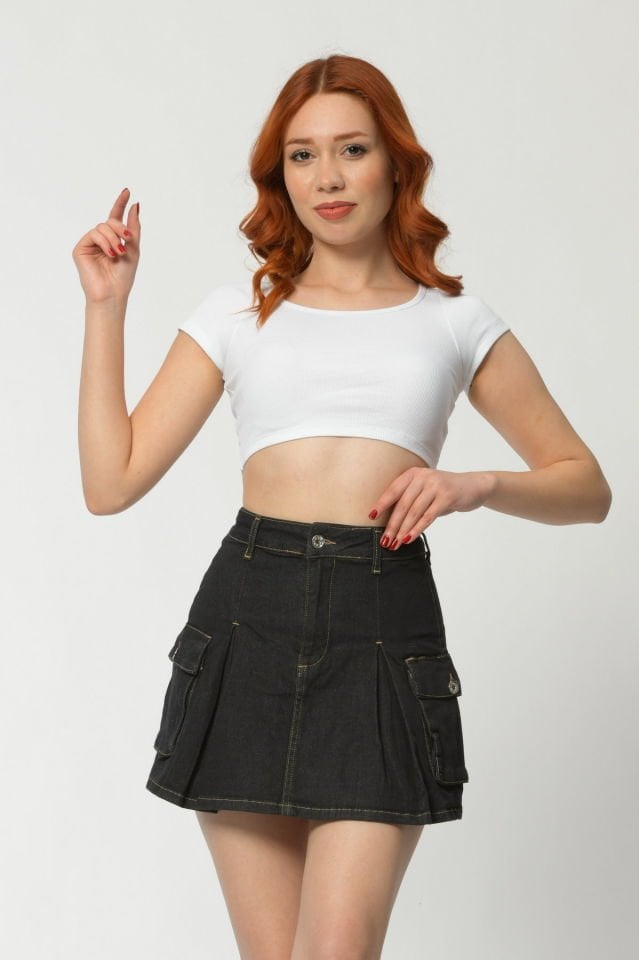 WhatsUp Kargo Cepli Denim Mini Etek  - Antrasit