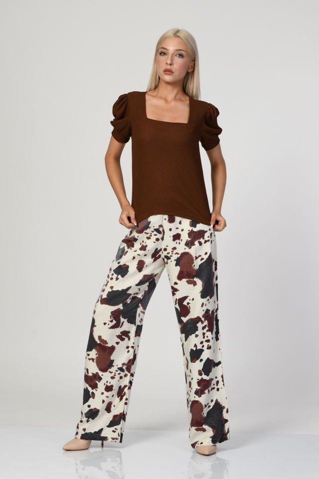 Big Dart Kare Yaka Örme Bluz   - Kahverengi