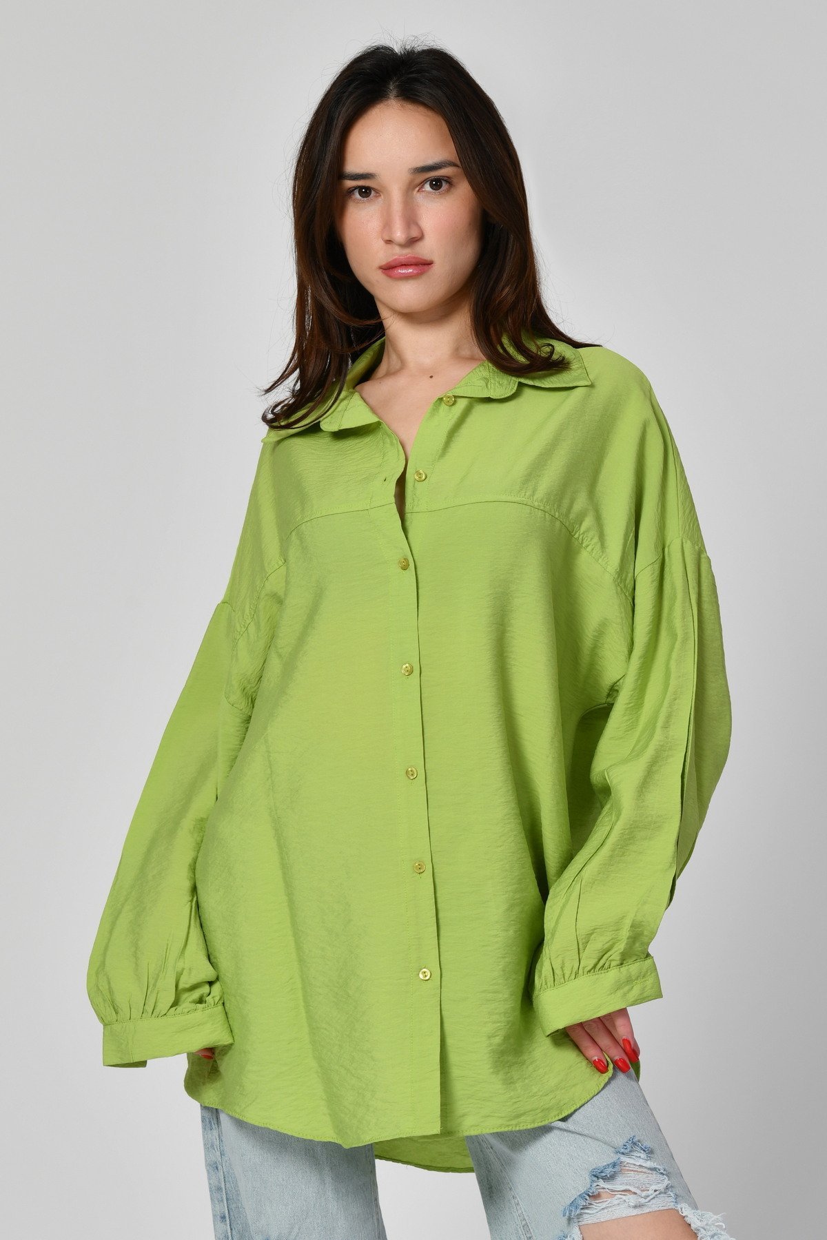 Big Dart Uzun Oversize Gömlek  - Fıstık Yeşili