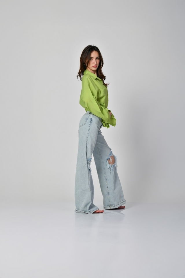 Big Dart Uzun Oversize Gömlek  - Fıstık Yeşili