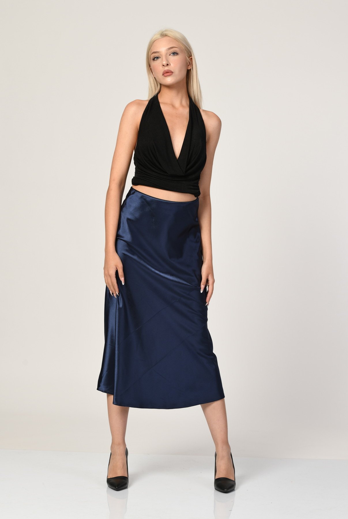 Big Dart Yüksek Bel Saten Etek  - Lacivert