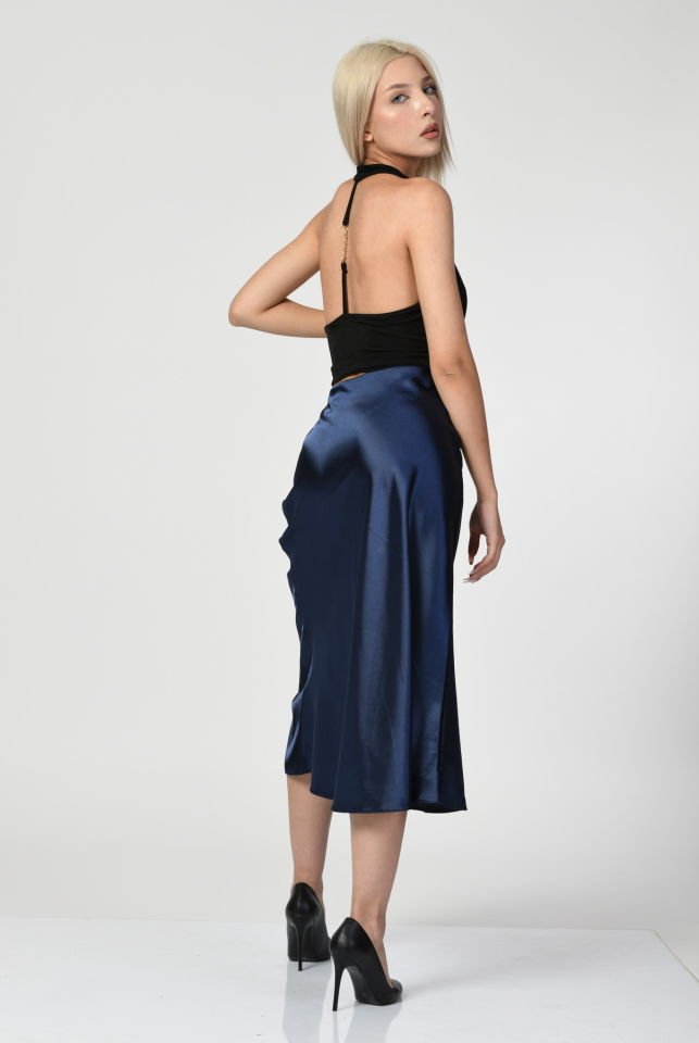 Big Dart Yüksek Bel Saten Etek  - Lacivert