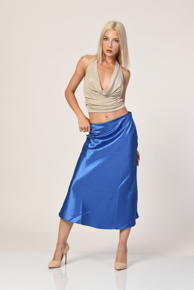 Big Dart Yüksek Bel Saten Etek  - Mavi