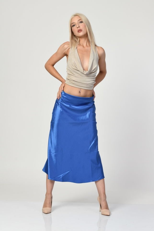 Big Dart Yüksek Bel Saten Etek  - Mavi