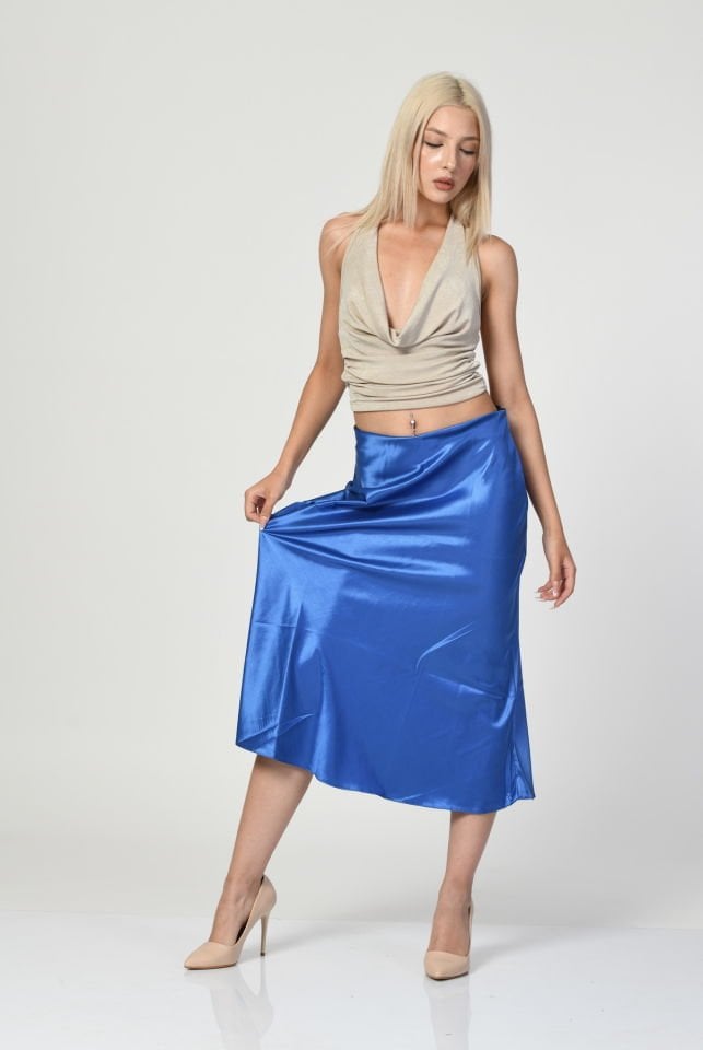 Big Dart Yüksek Bel Saten Etek  - Mavi
